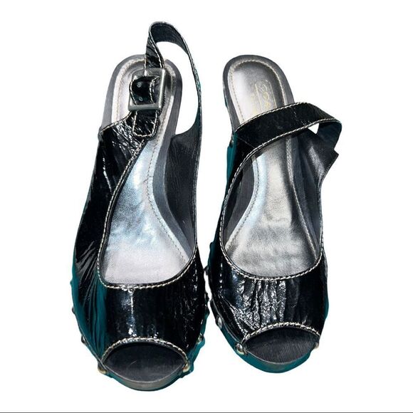 COACH RENAE CRINKLE PATENT SILVER STUD PLATFORM PEEP TOE SANDALS SIZE 6.5 Black - Picture 2 of 9
